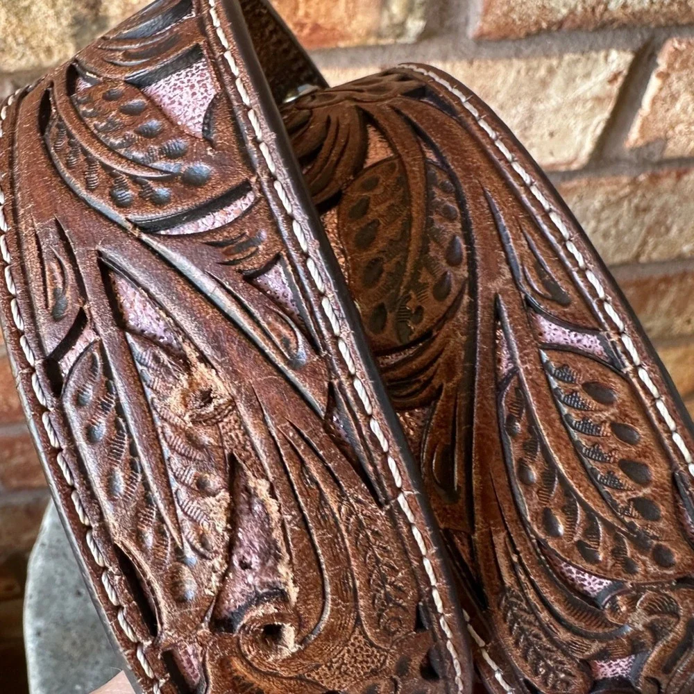 Ariat Womens Brown Tooled Leather Western Belt Rhinestone Buckle A1513430 Size S